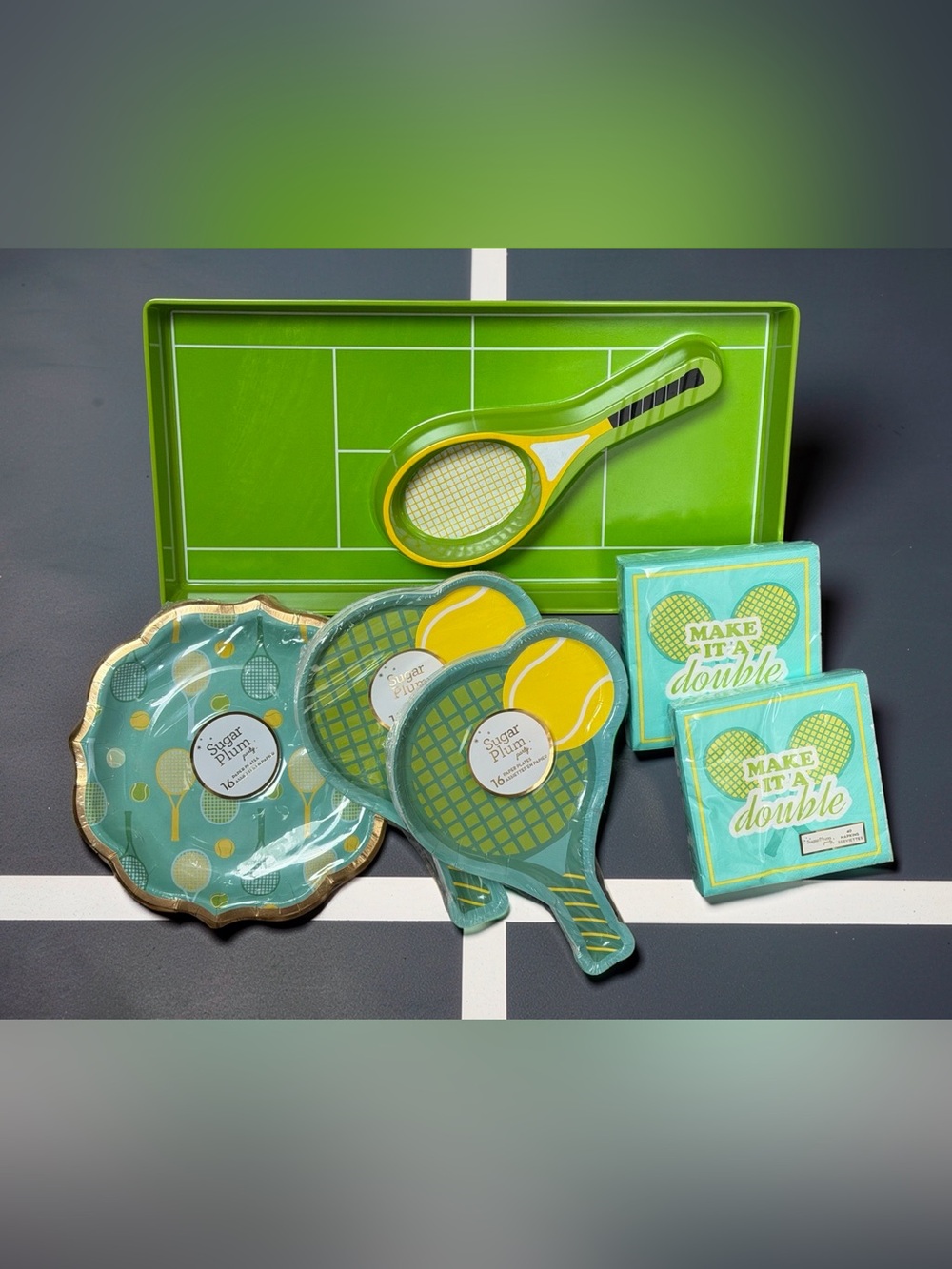 Sugar Plum NWT Tennis Party Paper Green & Yellow Tableware 6 pc Set